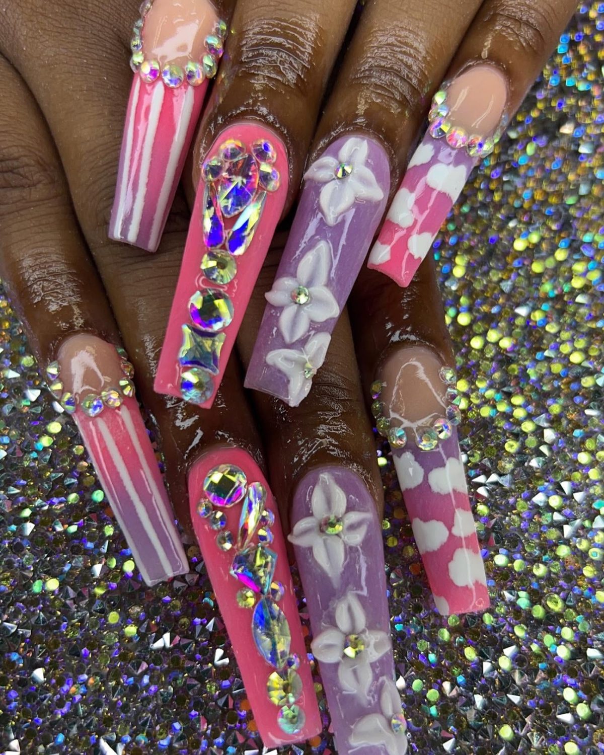 Long coffin set — pink and lilac with hand-painted flowers and crystal accents