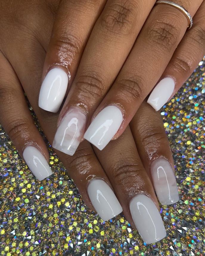 One colour acrylic full set on a holographic backdrop