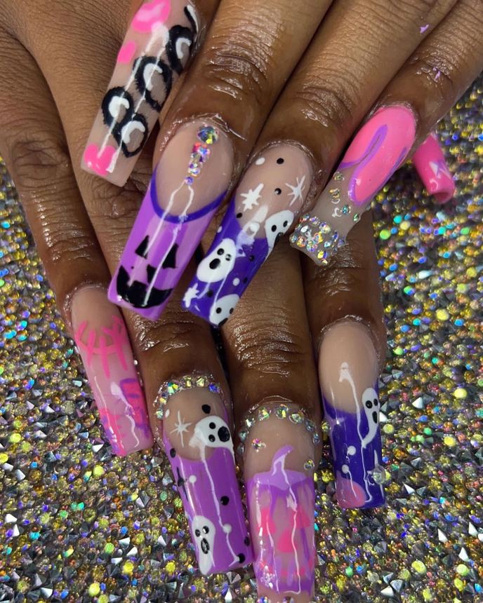 Custom freestyle acrylic set on a holographic backdrop