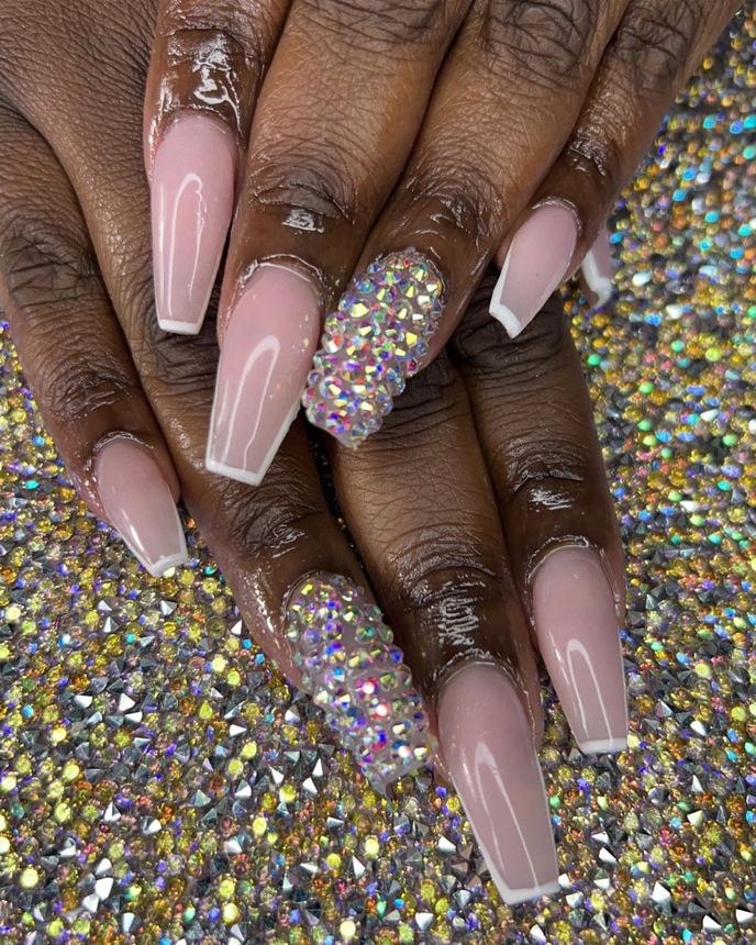 One colour acrylic full set on a holographic backdrop