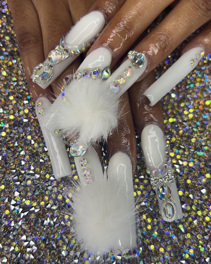Custom freestyle acrylic set on a holographic backdrop