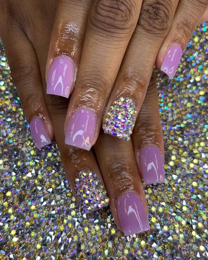 One colour acrylic full set on a holographic backdrop