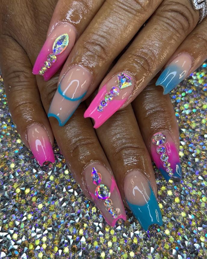Recreated inspiration acrylic set on a holographic backdrop