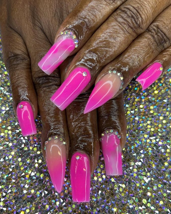One colour acrylic full set on a holographic backdrop