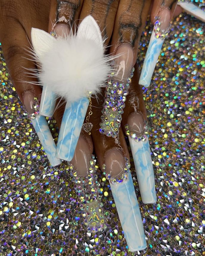 Custom freestyle acrylic set on a holographic backdrop