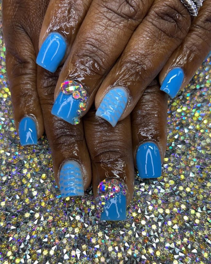 One colour acrylic full set on a holographic backdrop