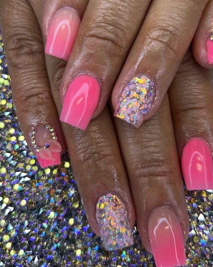 One colour acrylic full set on a holographic backdrop
