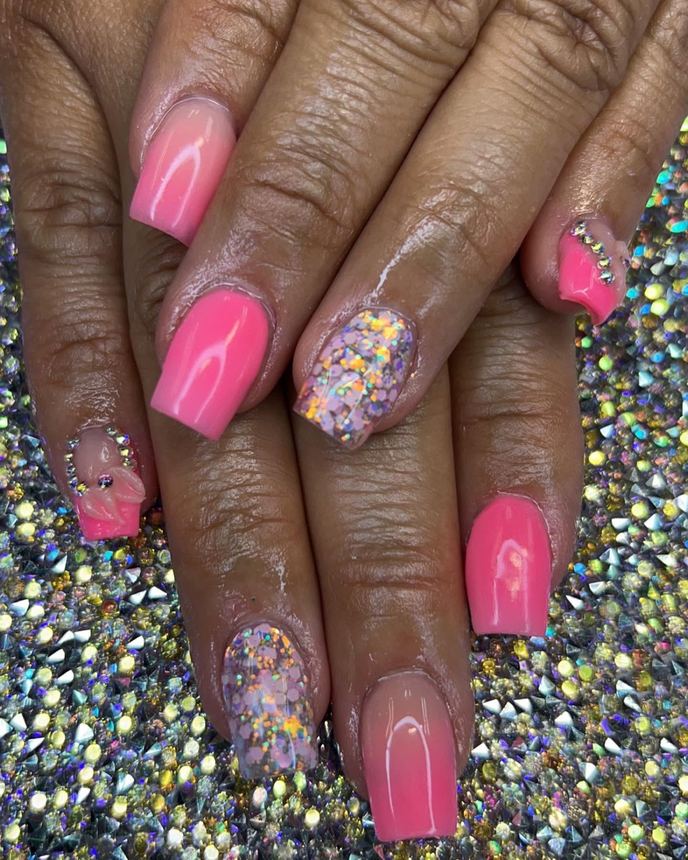 One colour acrylic full set on a holographic backdrop