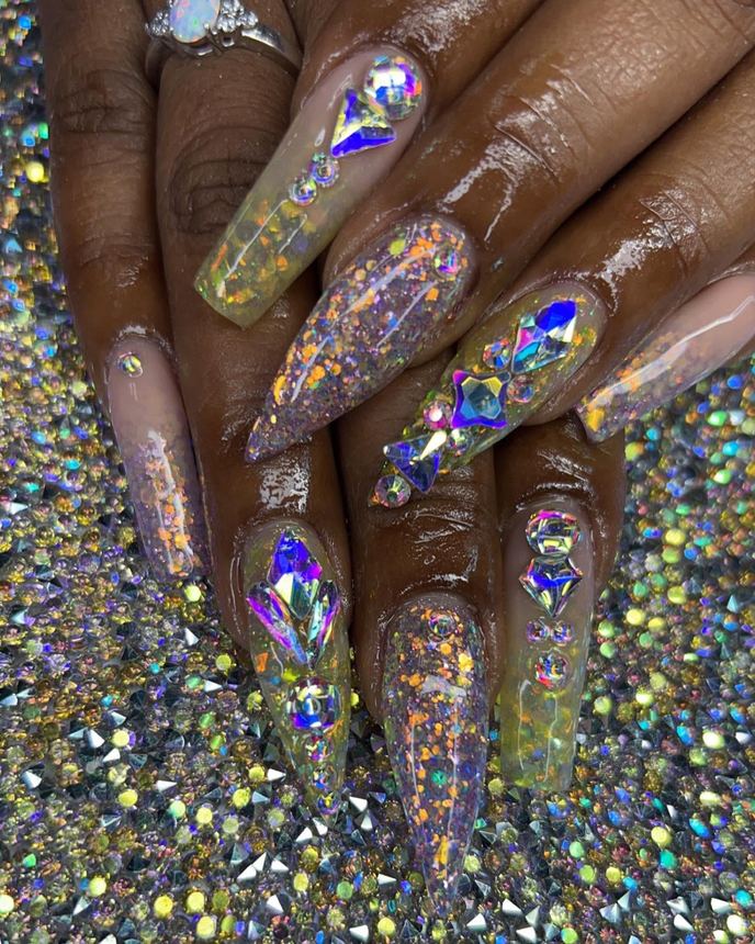 Custom freestyle acrylic set on a holographic backdrop