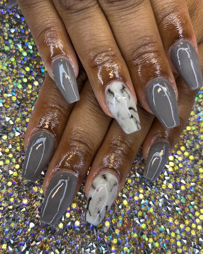One colour acrylic full set on a holographic backdrop