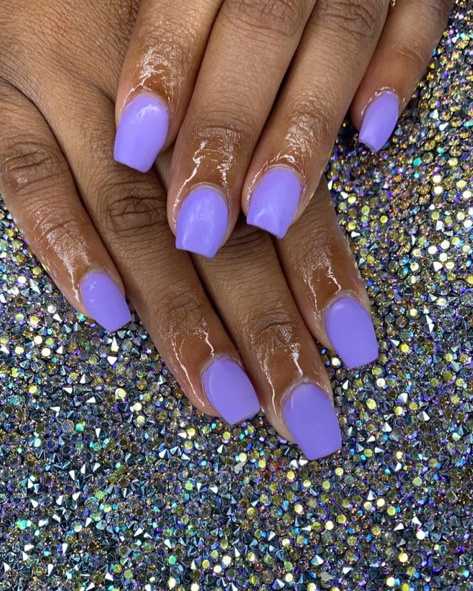 One colour acrylic full set on a holographic backdrop