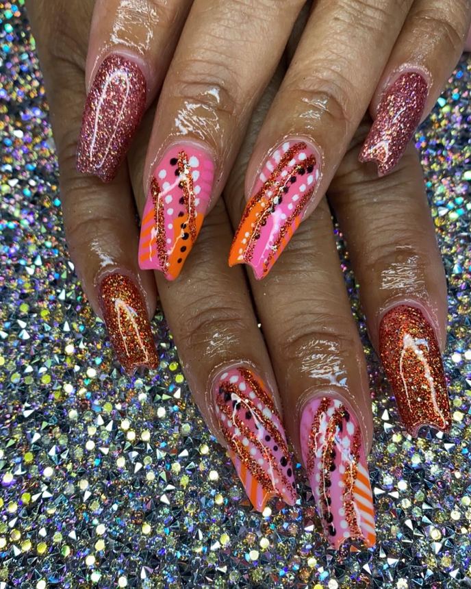 Custom freestyle acrylic set on a holographic backdrop