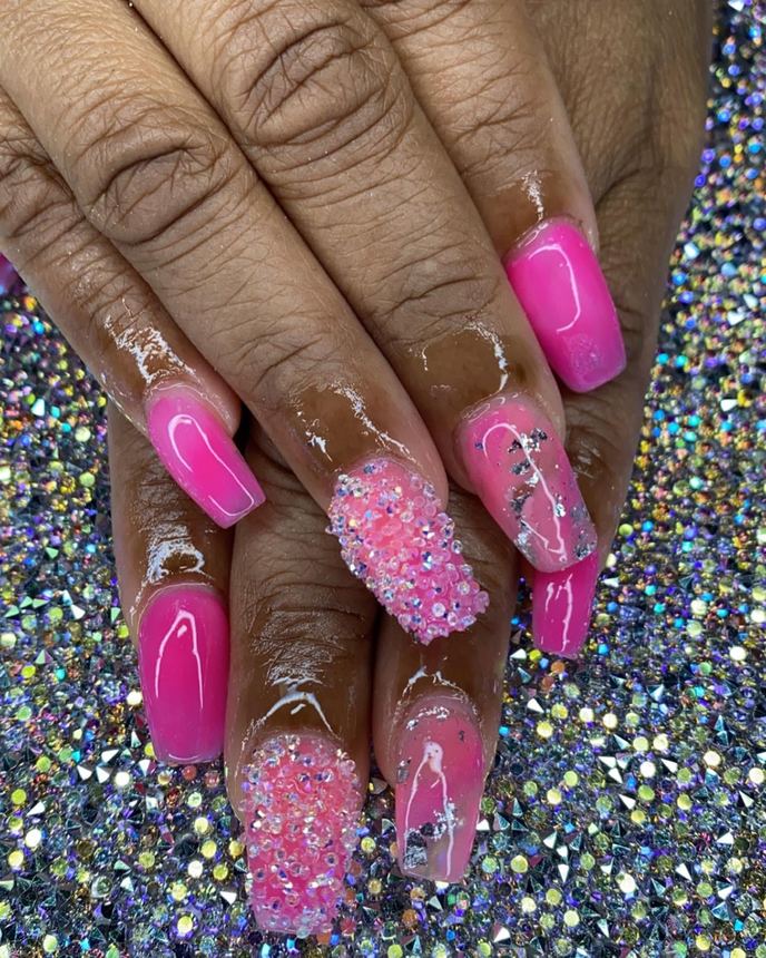 One colour acrylic full set on a holographic backdrop