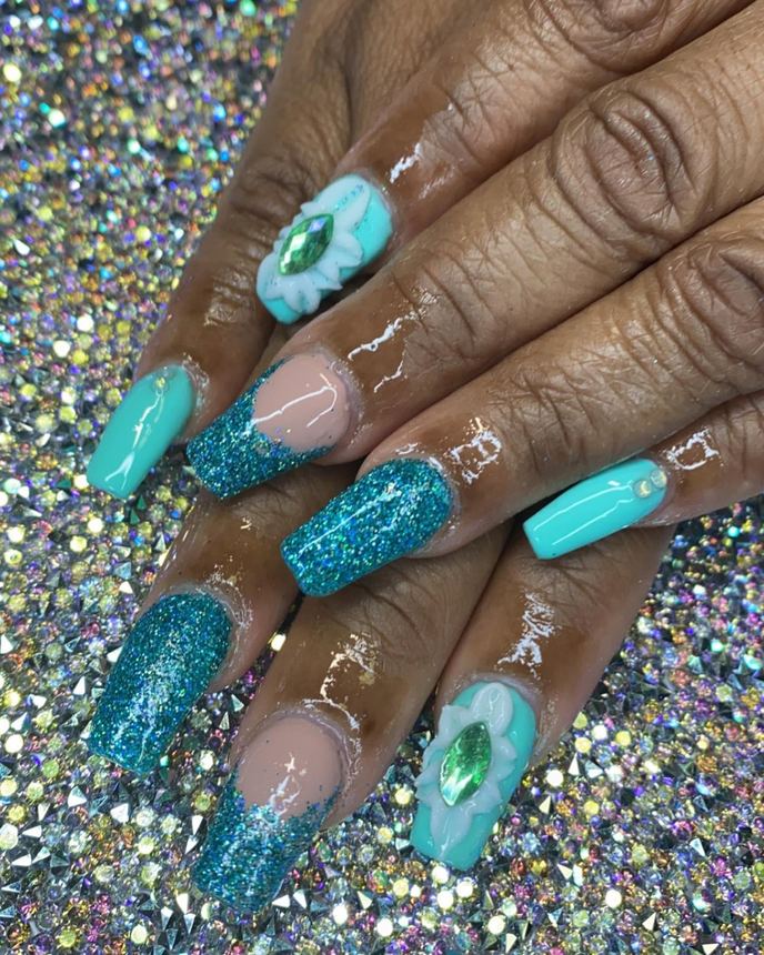 One colour acrylic full set on a holographic backdrop