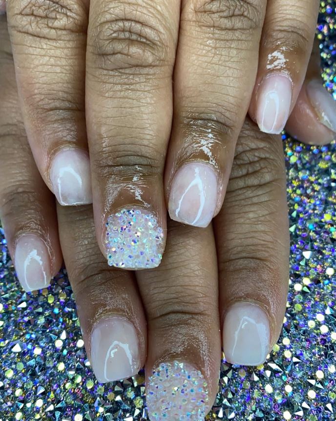 One colour acrylic full set on a holographic backdrop